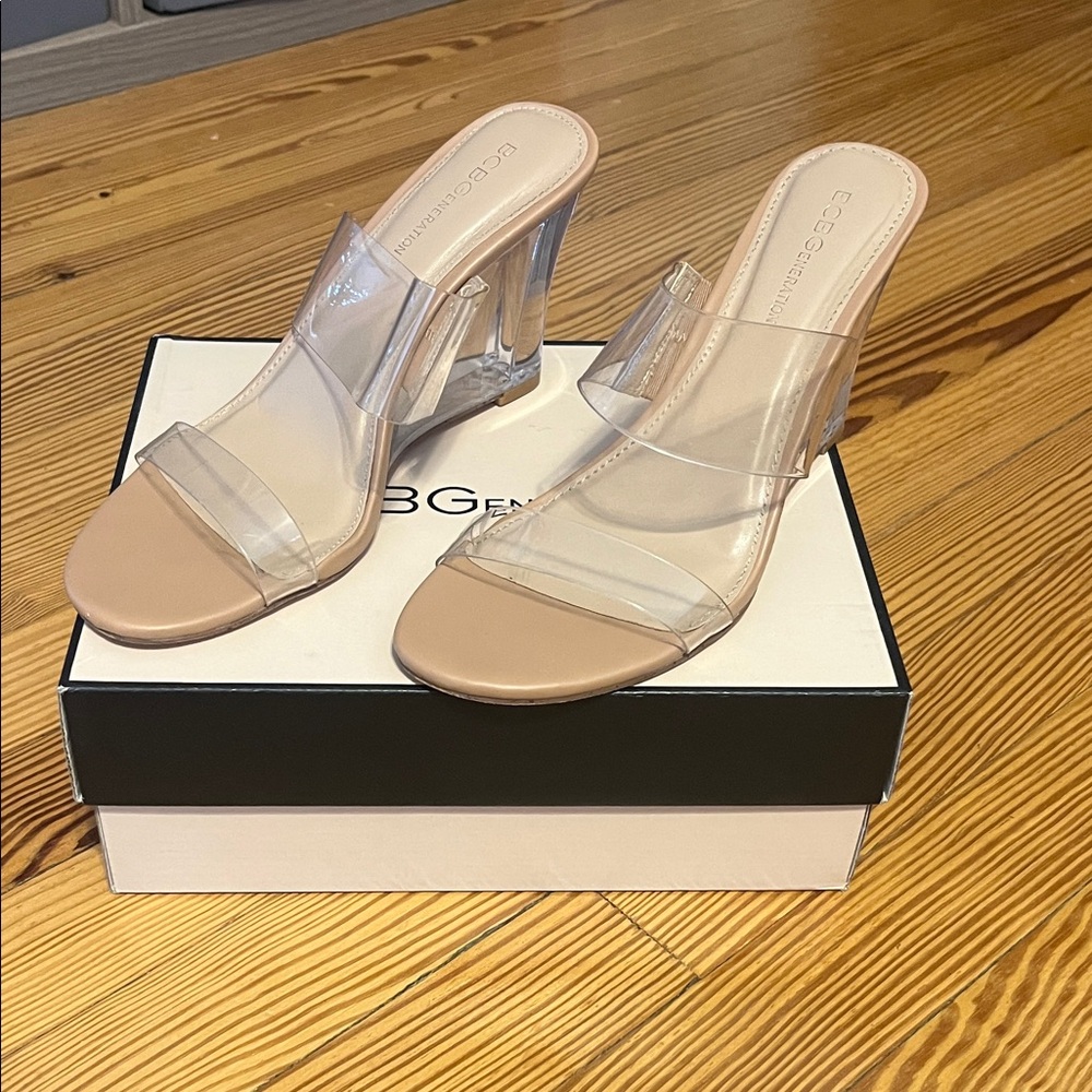 BCBGeneration Clear and Tan Heels